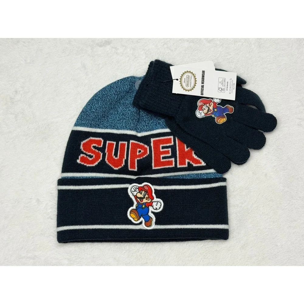 Super Mario Bros Nintendo NWT Knit Youth Hat & Gloves Set Cuffed Pom Beanie - Picture 1 of 4